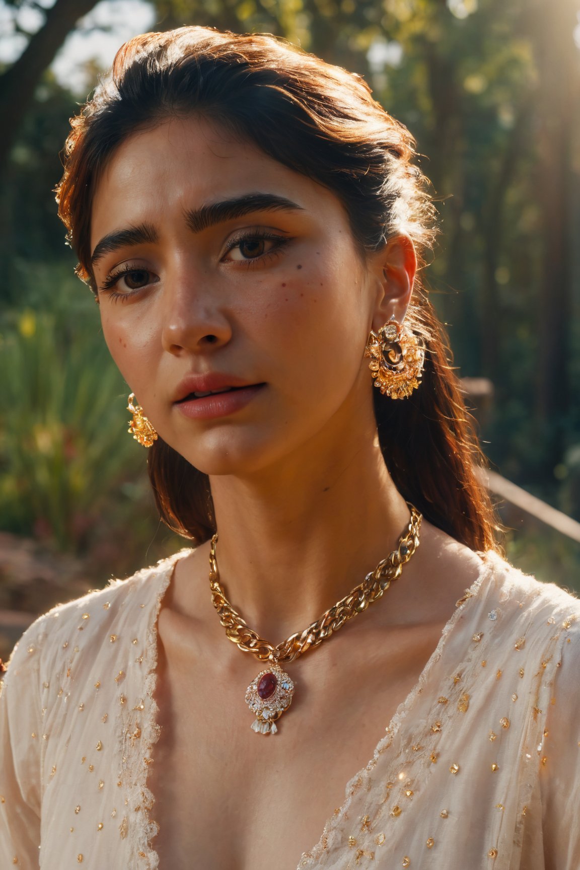 masterpiece, best quality, realistic, 8k, official art, cinematic light, ultra high res, 1girl,  standing, day, sunlight, light on face, earrings , jewelry , necklace , waitress, Nature reserve, hair light, sad, insecure, spots on face and neck, crying, 