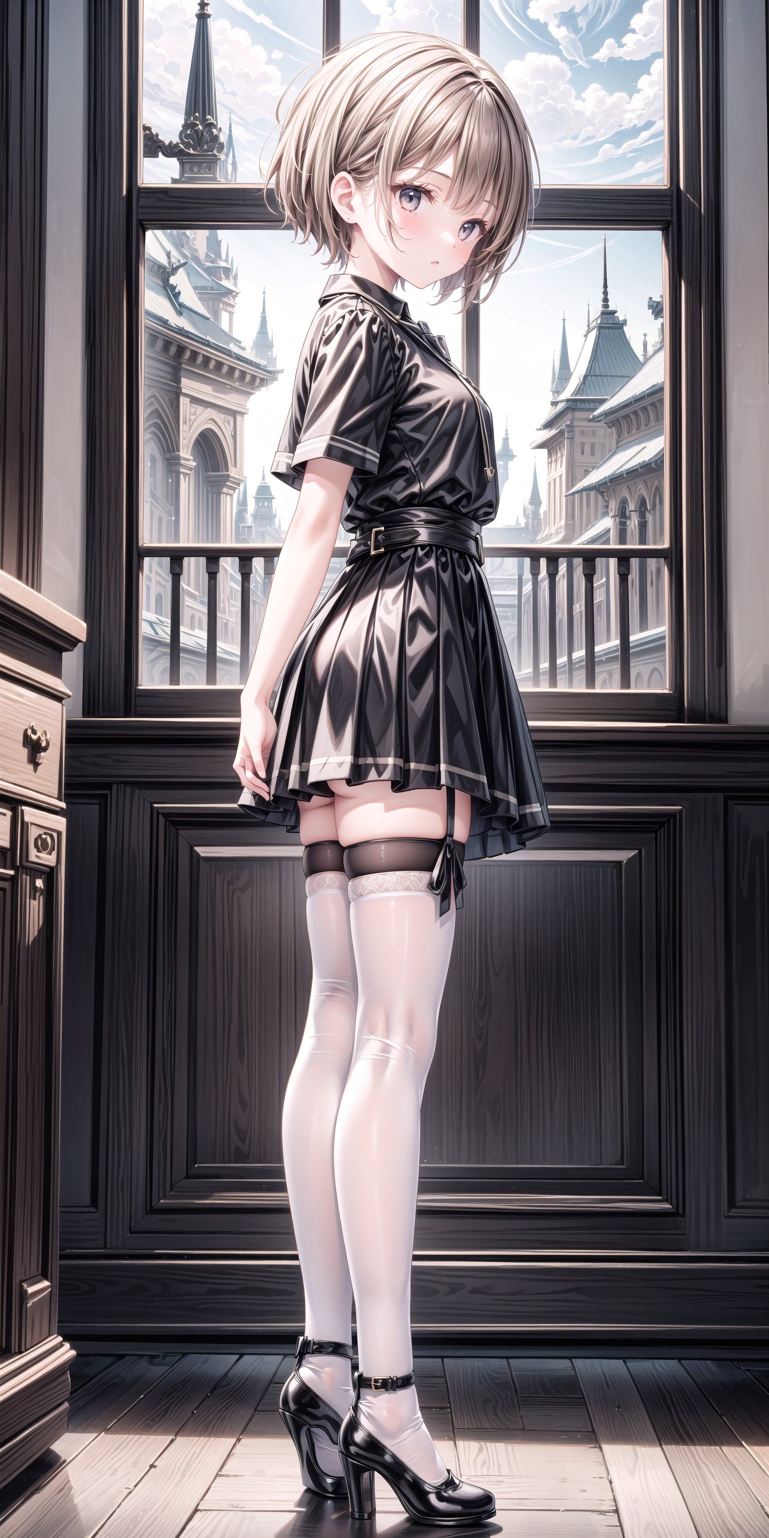 1girl, solo, short hair, brown hair, shirt, thighhighs, standing, full body, short sleeves, black thighhighs, indoors, black footwear, high heels, from side, zettai ryouiki, black shirt