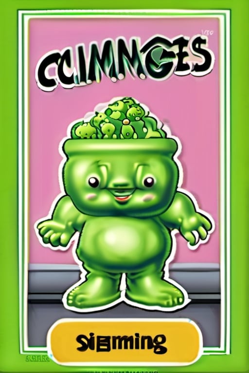 Sammy Slime, matt surface Trading sticker card, old card sticker, ruined vintage blurred filter,  '80 style, series of sticker trading cards originally released in 1985 and designed to parody the Cabbage Patch Kids dolls, card of a Garbage pail kids, Garbage pail kids sticker cards style, Capture a joyful and creative expression, old hot blur image, text title, very puffy face and body, '80s Garbage Pail Kids-style trading card featuring Sammy Slime, a weird fat boy oozing green slime from every pocket of his oversized, grungy overalls. His hair stands on end, stiffened by slime, and he sports a mischievous grin as he slings slime balls at unsuspecting passersby,3d toon style,claymation,margin borders ,SD 1.5