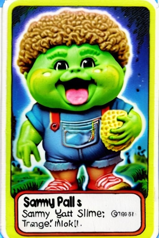 Sammy Slime, matt surface Trading sticker card, old card sticker, ruined vintage blurred filter,  '80 style, series of sticker trading cards originally released in 1985 and designed to parody the Cabbage Patch Kids dolls, card of a Garbage pail kids, Garbage pail kids sticker cards style, Capture a joyful and creative expression, old hot blur image, text title, very puffy face and body, '80s Garbage Pail Kids-style trading card featuring Sammy Slime, a weird fat boy oozing green slime from every pocket of his oversized, grungy overalls. His hair stands on end, stiffened by slime, and he sports a mischievous grin as he slings slime balls at unsuspecting passersby,3d toon style,claymation,margin borders ,SD 1.5