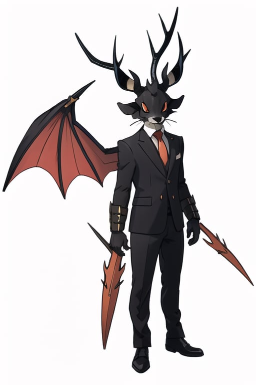 male jackalope, assassin gear, bunny ears, rabbit face, red-orange large bat_wings, 12 years old, demon tail, white furry, orange trim, black suit, full body image, elk horns, prehensile claws, black gloves