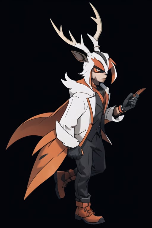 male jackalope, assassin gear, bunny ears, rabbit face, red-orange large bat_wings, 12 years old, demon tail, white fur, orange trim, black suit, full body image, elk horns, prehensile claws, black gloves