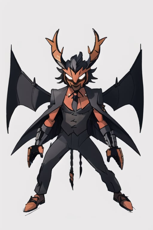 male jackalope, assassin gear, bunny ears, rabbit face, red-orange large bat_wings, 12 years old, demon tail, white fur, orange trim, black suit, full body image, elk horns, prehensile claws, black gloves