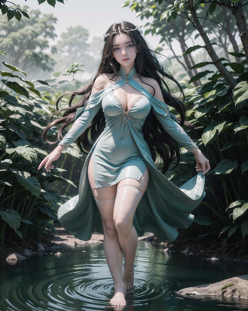 (masterpiece) 1girl, (fantasy:1.8, ethereal_forest_background, perfect_lighting, high_resolution, full-body_portrait), mesmerizing detailed sapphire eyes with perfect symmetry, intricately detailed facial features, ethereal gown with enchanting patterns, a serene and confident smile, big_chest with exposed cleavage, showcasing beautiful symmetrical boobs, big_boobs, big_breast, beautiful boobs, curves that radiate an enchanting allure. Luxurious hair, flowing hair, long hair, symmetrical boobs, exposed cleavage, perfect fingers, detailed fingers. Standing in the tranquil river background, she is surrounded by the soothing sounds of flowing water and lush greenery. DetailedFace, best face, beautiful eyes, detailed eyes, perfect fingers, best fingers, big_thighs, showing_thighs, thighhighs, thighs_in_thighhighs, white_thighhighs.