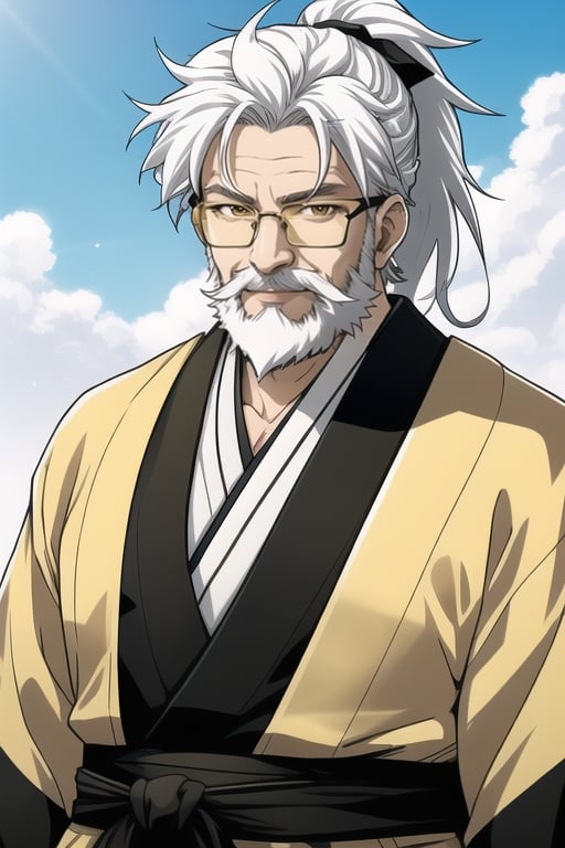 Digital art,  detailed character,  artwork,  solo,  1man,  adult man, old man,  tied white hair, white hair, ponytail, white beard, beard, square glasses, yellow eyes, yellow iris, happy, simple kimono (black and white), sky day background, dynamic pose,  FHD,  8k