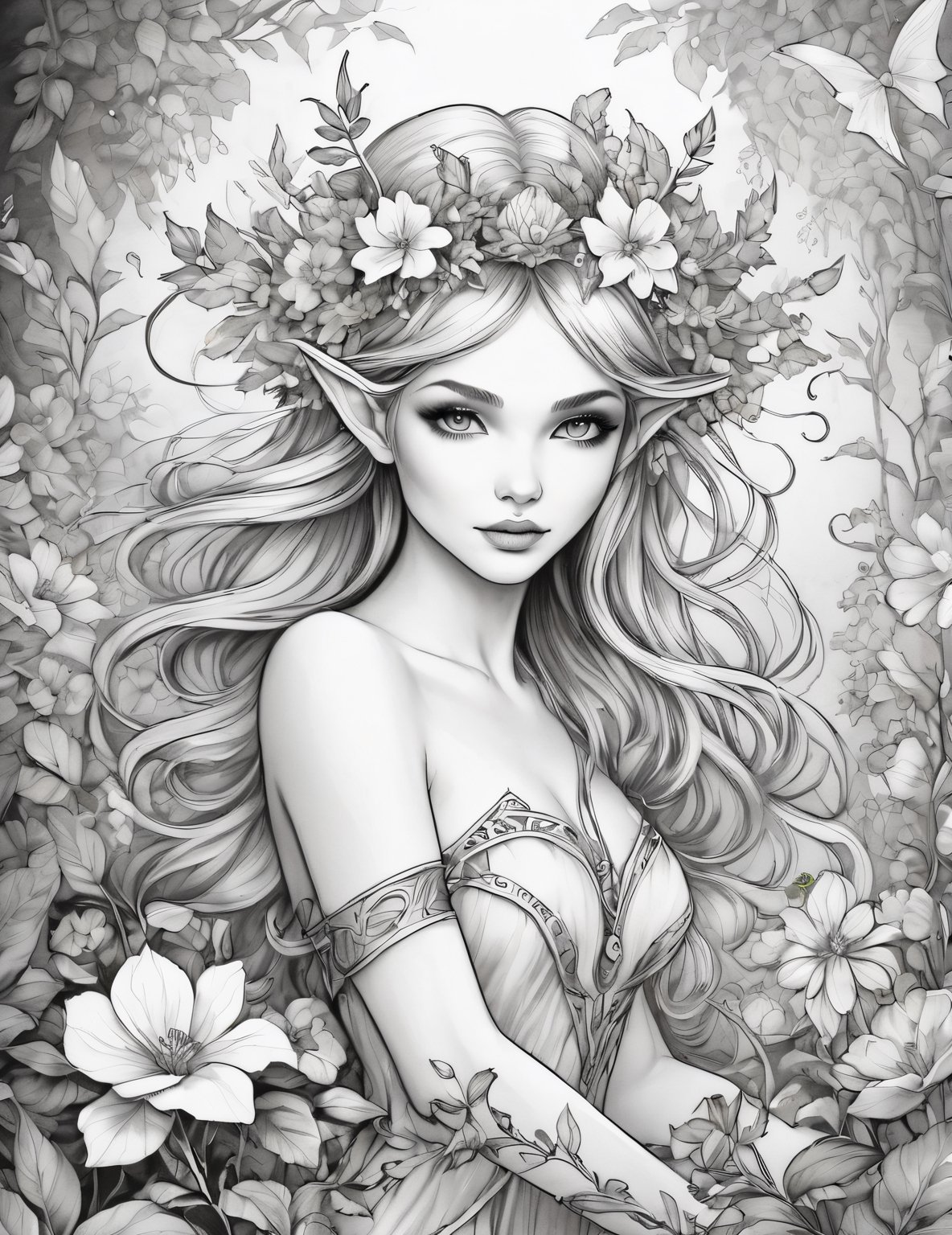 (coloring book for adultes), (black and white), (realistic), (full body), chaos, elegant, atmospheric, a elf girl, Freya Allan face), elegant, Ethereal fairy creatures, flowers blooming, in motion, dramatic, organic composition,Magical Fantasy style