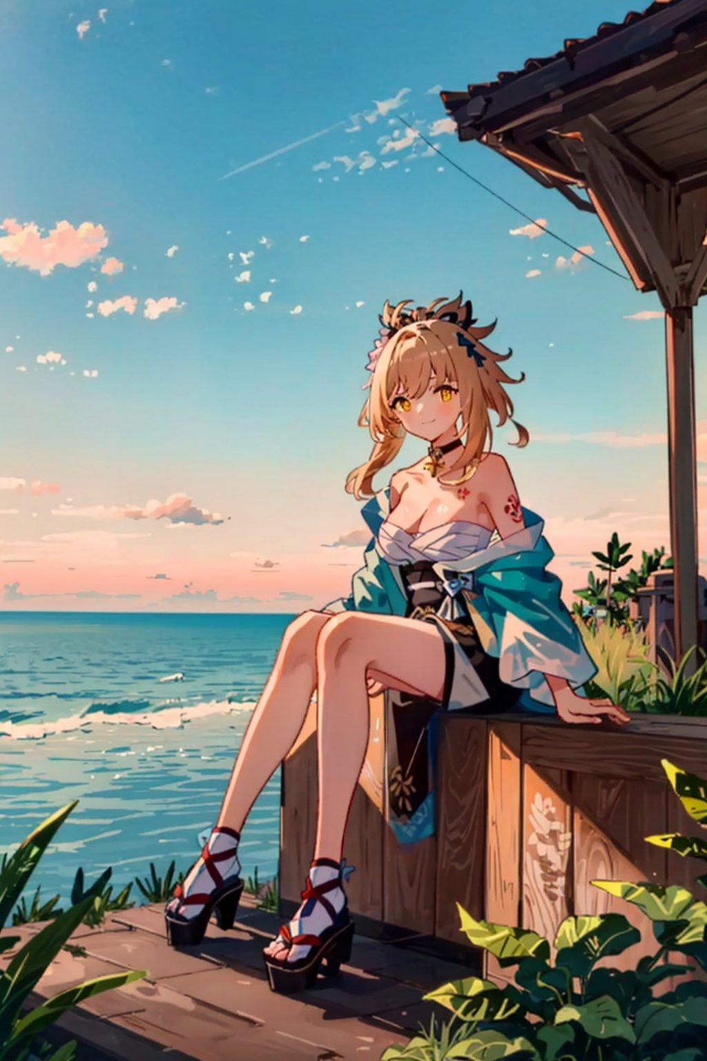 shenhe(genshin impact), bare shoulders, 1girl,  yellow eyes, hair ornament,high heels, shorts, solo,orange hair, large breasts, legs, simple background, skirt, long hair, looking at viewer,masterpiece, best quality,smile to viewer ,autumn,yellow leaf
,cartoon,col,dynamic,Graffiti,sitting on the rock under the tree,	 SILHOUETTE LIGHT ,bule sky,PARTICLES,form behind ,yoimiyadef,phgls,phgls, in container, submerged,bottle on the desk,bottle,yoimiya(genshin impact),yoimiyarnd,in container,(form above),((shimonadaeki)), sky, plant, sunset, horizon, ocean, power lines, cloud, utility pole, sign, water, grass,