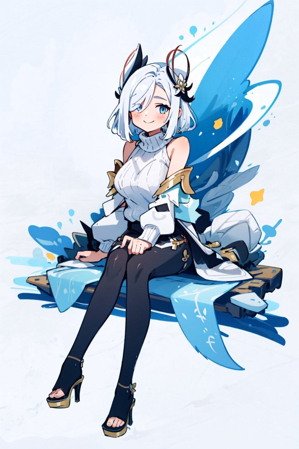 shenhe(genshin impact), bare shoulders, hair over one eye, 1girl, ribbed sweater, white background, black footwear,  blue eyes, closed mouth, hair ornament, pantyhose, high heels, shorts, solo, white hair, large breasts, legs, sitting, simple background, skirt, long hair, looking at viewer,masterpiece, best quality,scenery, nswf ,smile to viewer,
tilt head 
