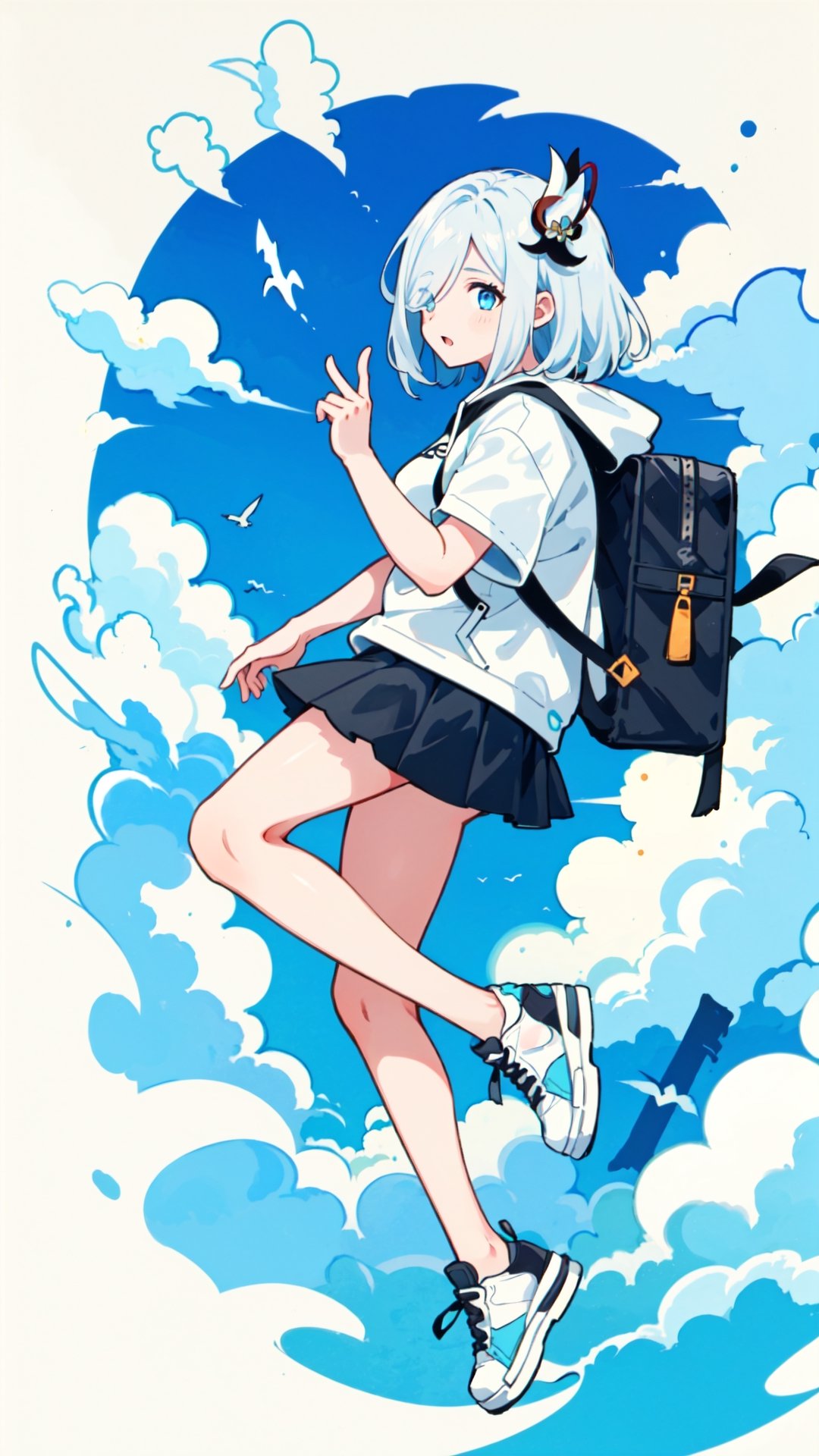  shenhe(genshin impact), blue eyes, white hair, hair ornament, pantyhose, shorts, solo, large breasts, legs,skirt, long hair,white t-shirt ,(black_hoodie),hair over one eye,

1girl,, white background,dynamic,
simple background,Black hoodie with white t-shirt,
simplecats,graffiti,dynamic,spreading,girl,sneakers,girl with BackPack,cloud,((cumulonimbus)),
open mouth,

 scenery,masterpiece, best quality,(from side),masterpiece, best quality, no_humans,shenhe(genshin impact)