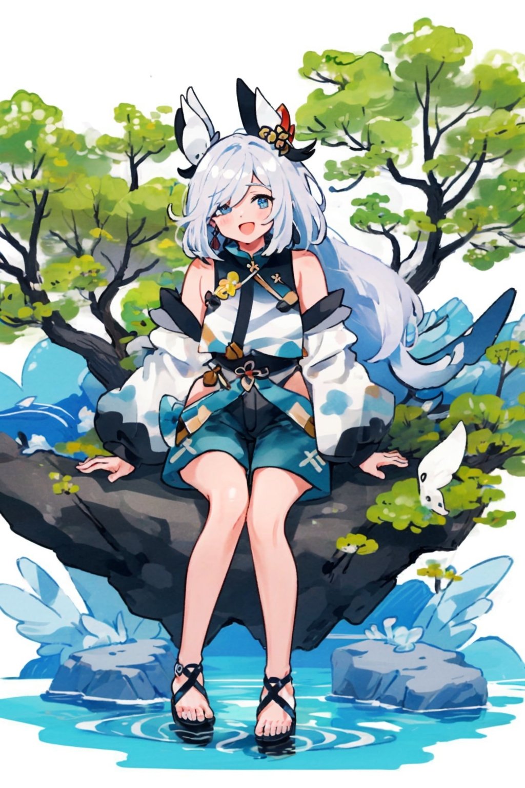 shenhe(genshin impact), bare shoulders, hair over one eye, 1girl, white background, black footwear,  blue eyes,open mouth, hair ornament, pantyhose, high heels, shorts, solo,white hair, large breasts, legs, simple background, skirt, long hair, looking at viewer,masterpiece, best quality,scenery, smile to viewer ,seaside,shallow water,blue sky
,cartoon,col,sitting on the box under tree