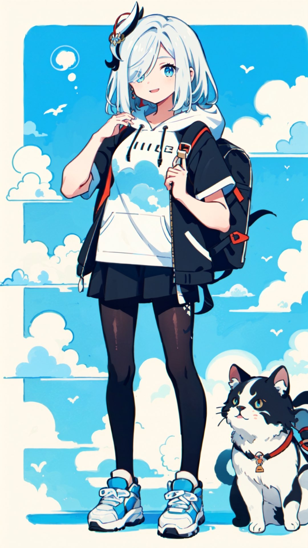  shenhe(genshin impact), blue eyes, white hair, hair ornament, pantyhose, shorts, solo, large breasts, legs,skirt, long hair,white t-shirt ,(black_hoodie),hair over one eye,

1girl,, white background,dynamic,
simple background,Black hoodie with white t-shirt,
simplecats,graffiti,dynamic,spreading,girl,sneakers,girl with BackPack,cloud,((cumulonimbus)),
open mouth,(smile to viewer),standing,

 scenery,masterpiece, best quality,masterpiece, best quality, no_humans,shenhe(genshin impact)

