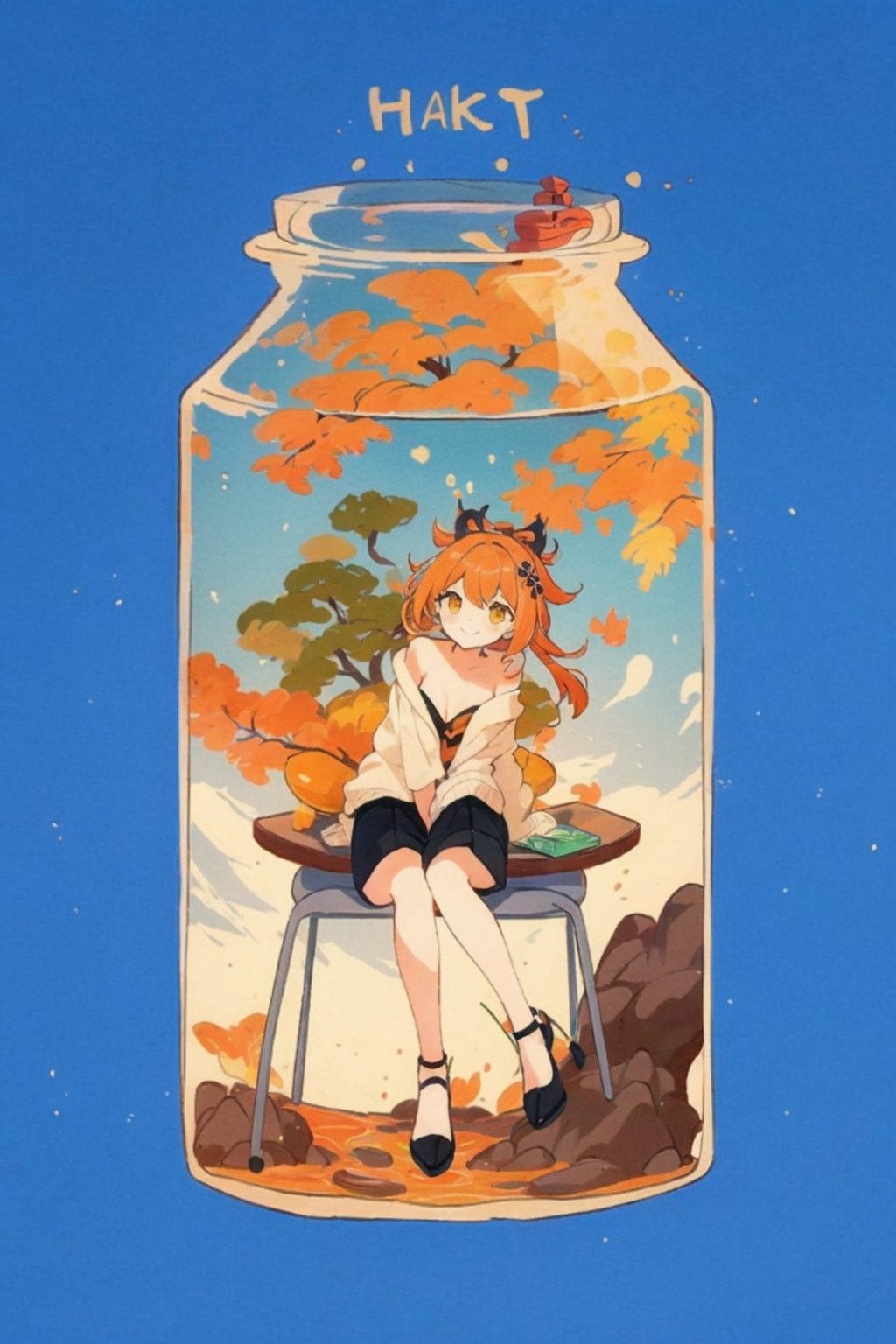 shenhe(genshin impact), bare shoulders, 1girl,  yellow eyes, hair ornament,high heels, shorts, solo,orange hair, large breasts, legs, simple background, skirt, long hair, looking at viewer,masterpiece, best quality,smile to viewer ,autumn,yellow leaf
,cartoon,col,dynamic,Graffiti,sitting on the rock under the tree,	 SILHOUETTE LIGHT ,bule sky,PARTICLES,form behind ,yoimiyadef,phgls,phgls, in container, submerged,bottle on the desk,bottle,yoimiya(genshin impact)