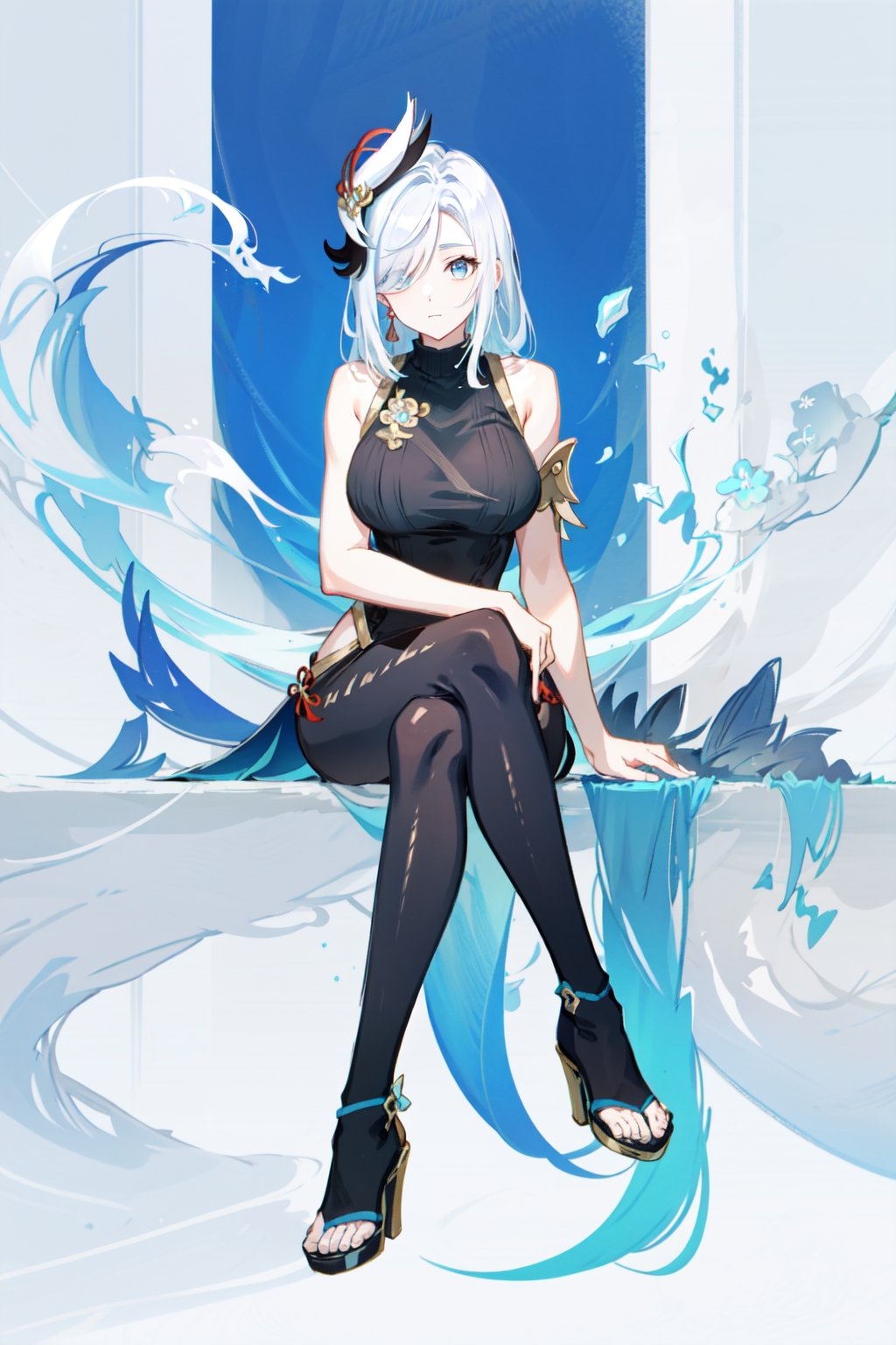 shenhe(genshin impact), bare shoulders, hair over one eye, 1girl, ribbed sweater, white background, black footwear, sleeveless sweater, blue eyes, closed mouth, hair ornament, pantyhose, high heels, shorts, solo, crossed legs, white hair, black sweater, large breasts, legs, sitting, sleeveless, simple background, skirt, long hair, looking at viewer,masterpiece, best quality,scenery, nswf
