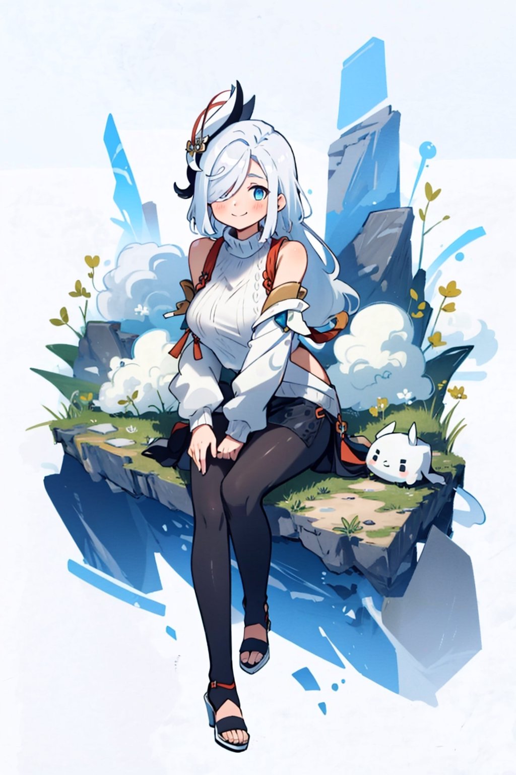 shenhe(genshin impact), bare shoulders, hair over one eye, 1girl, ribbed sweater, white background, black footwear,  blue eyes, closed mouth, hair ornament, pantyhose, high heels, shorts, solo, white hair, large breasts, legs, sitting, simple background, skirt, long hair, looking at viewer,masterpiece, best quality,scenery, nswf ,smile to viewer 
