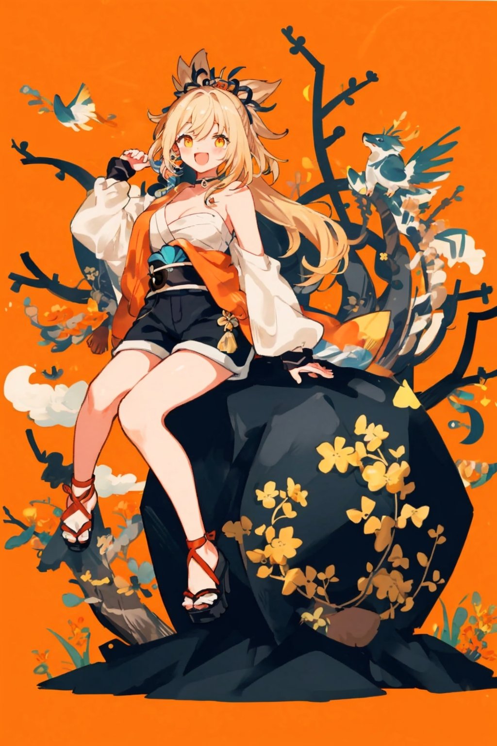 shenhe(genshin impact), bare shoulders, 1girl,  yellow eyes,open mouth, hair ornament,high heels, shorts, solo,orange hair, large breasts, legs, simple background, skirt, long hair, looking at viewer,masterpiece, best quality,smile to viewer ,;d,((red background)),autumn
,cartoon,col,dynamic,hiphop,street art,Graffiti,sitting on the rock under the tree,	 SILHOUETTE LIGHT PARTICLES,seaside,form behind ,no_humans,yoimiyadef