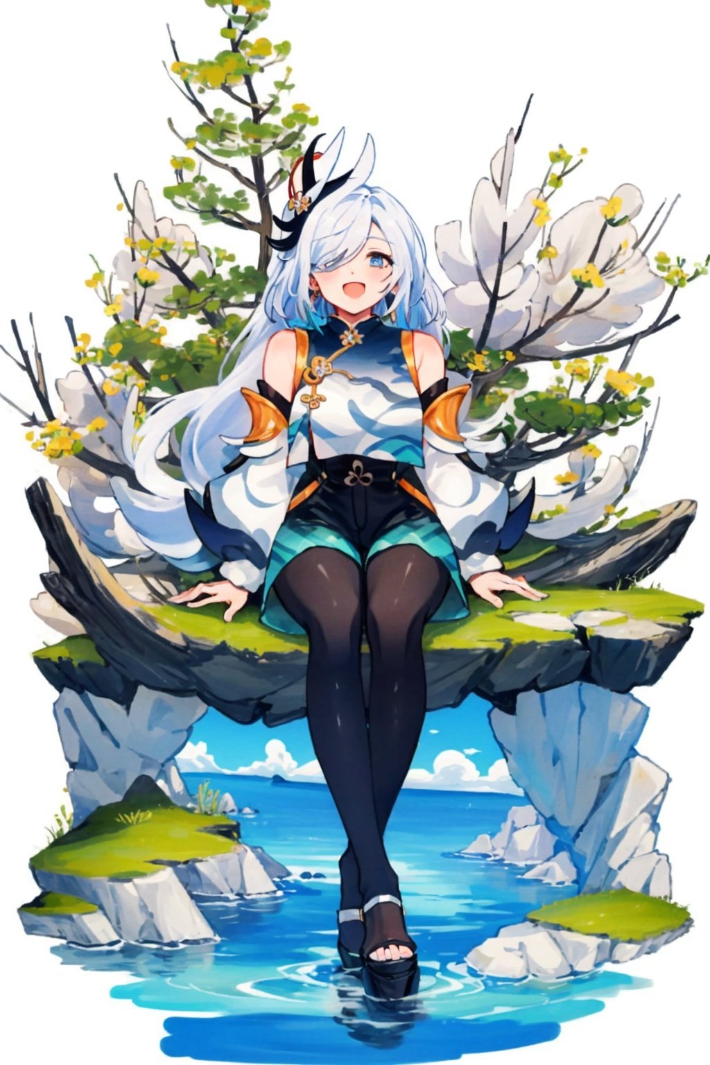 shenhe(genshin impact), bare shoulders, hair over one eye, 1girl, white background, black footwear,  blue eyes,open mouth, hair ornament, pantyhose, high heels, shorts, solo,white hair, large breasts, legs, simple background, skirt, long hair, looking at viewer,masterpiece, best quality,scenery, smile to viewer ,seaside,shallow water,blue sky
,cartoon,col,sitting on the box under tree