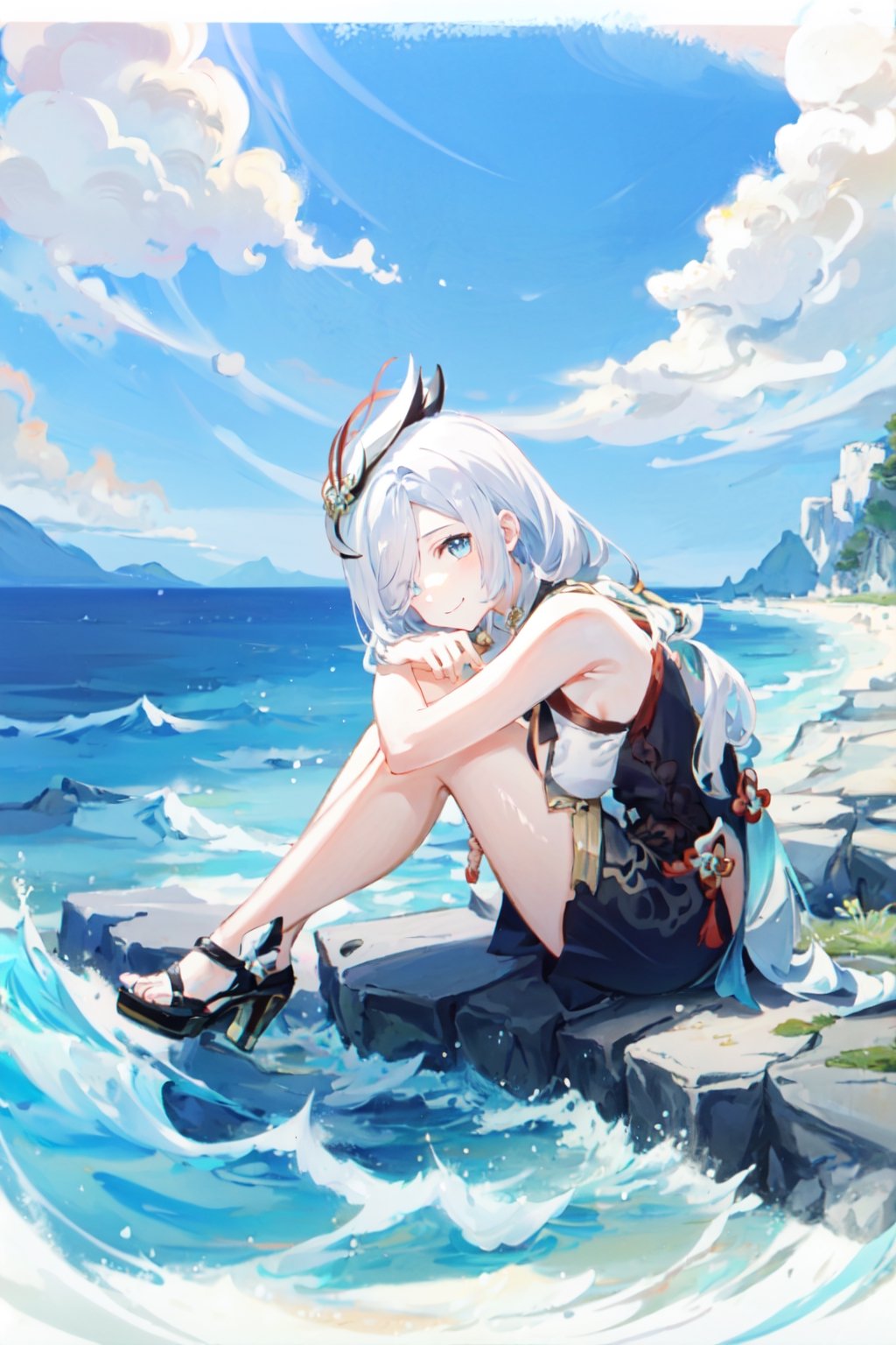 shenhe(genshin impact), bare shoulders, hair over one eye, 1girl,blue background, black footwear, sleeveless  blue eyes, hair ornament, pantyhose, high heels, shorts, solo, white hair,  large breasts, legs, sitting, sleeveless, simple background, skirt, long hair, looking at viewer,masterpiece, best quality,scenery, nswf , Sitting reef by the sea ,Looking from top to bottom , smile to viewer ,Sitting with legs crossed