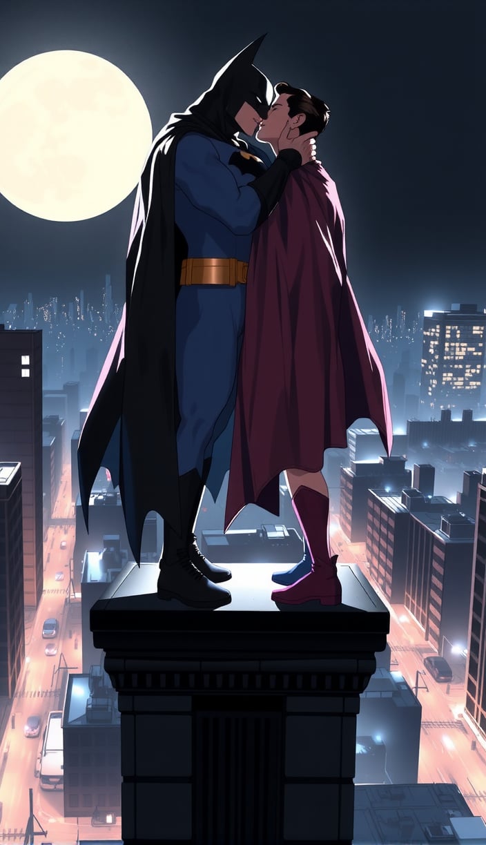 jimlee style, comicbook illustration, Batman and Superman, standing on highest skyscraper rooftop, in love, embracing and kissing on the lips, gay couple, male focus, gay, homoerotic, they are surrounded by shadows, street dimly light with car lights down below, dark noire atmosphere, black sky, moonlight, man with man, Batman and superman, 