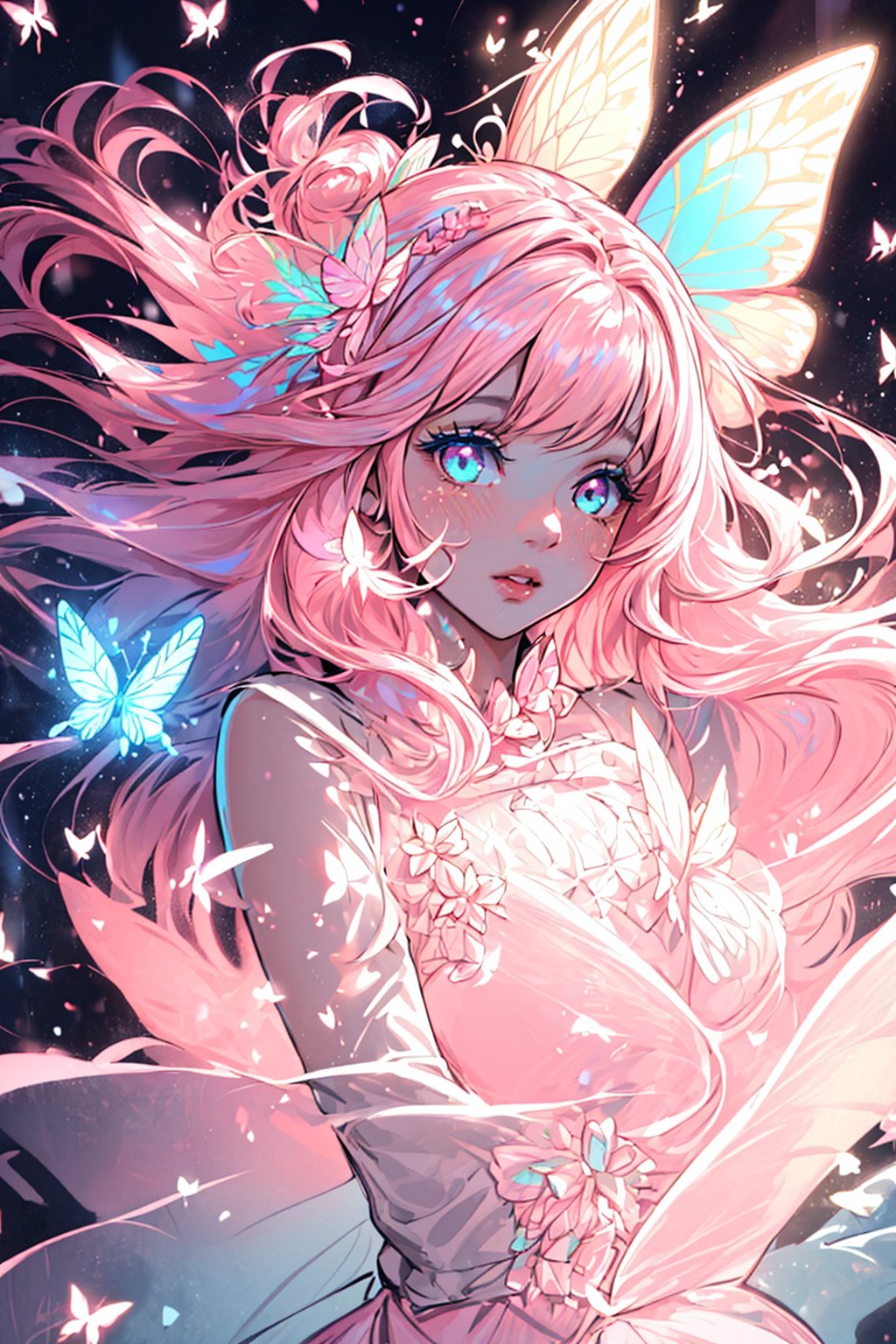 masterpiece, 1 girl, Extremely beautiful woman standing in a glowing lake with very large glowing pink butterfly wings, glowing hair, long cascading hair, neon hair, ornate pink and white butterfly dress, midnight, lots of glowing butterflies flying around, full lips, hyperdetailed face, detailed eyes