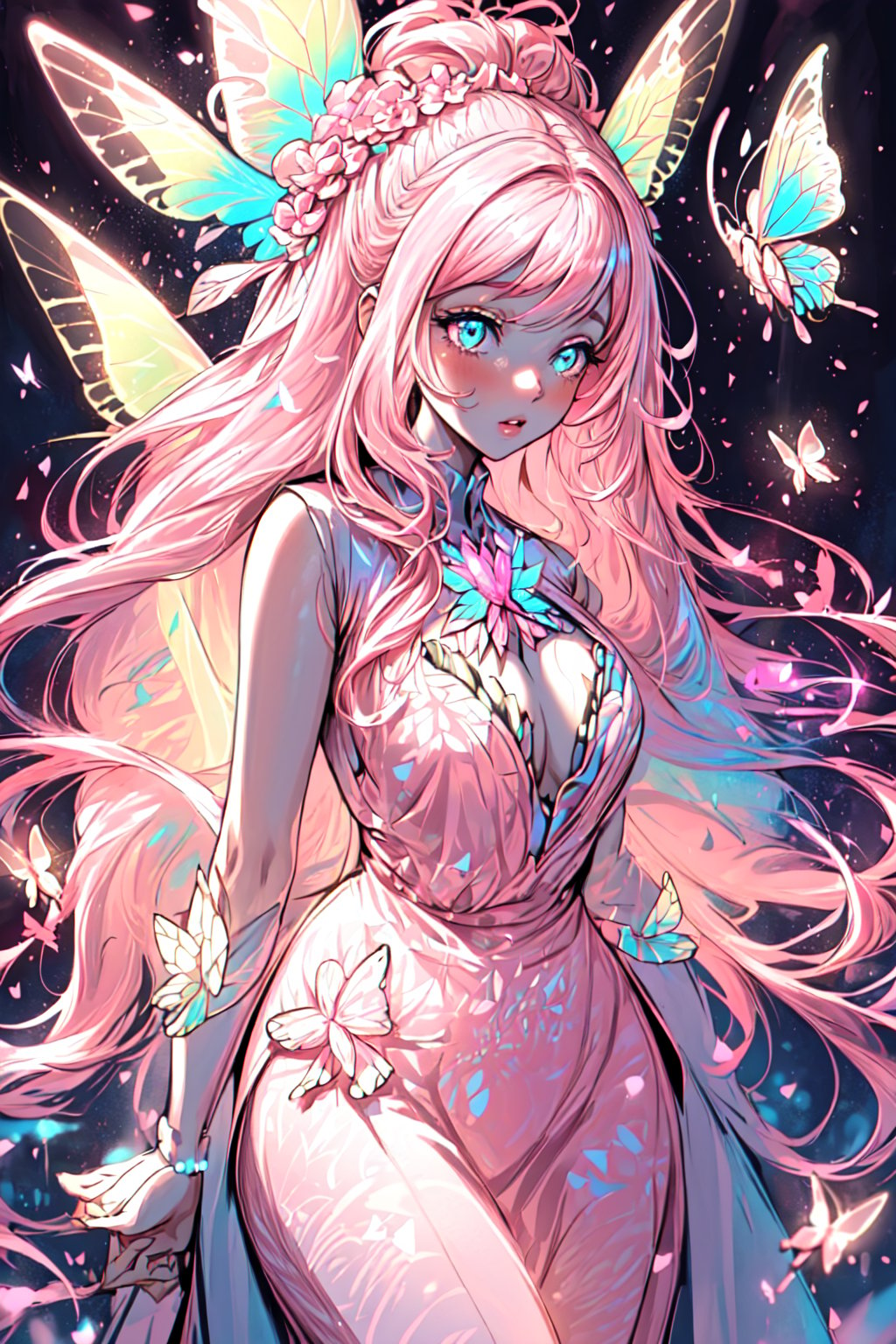 masterpiece, 1 girl, Extremely beautiful woman standing in a glowing lake with very large glowing pink butterfly wings, glowing hair, long cascading hair, neon hair, ornate pink and white butterfly dress, midnight, lots of glowing butterflies flying around, full lips, hyperdetailed face, detailed eyes