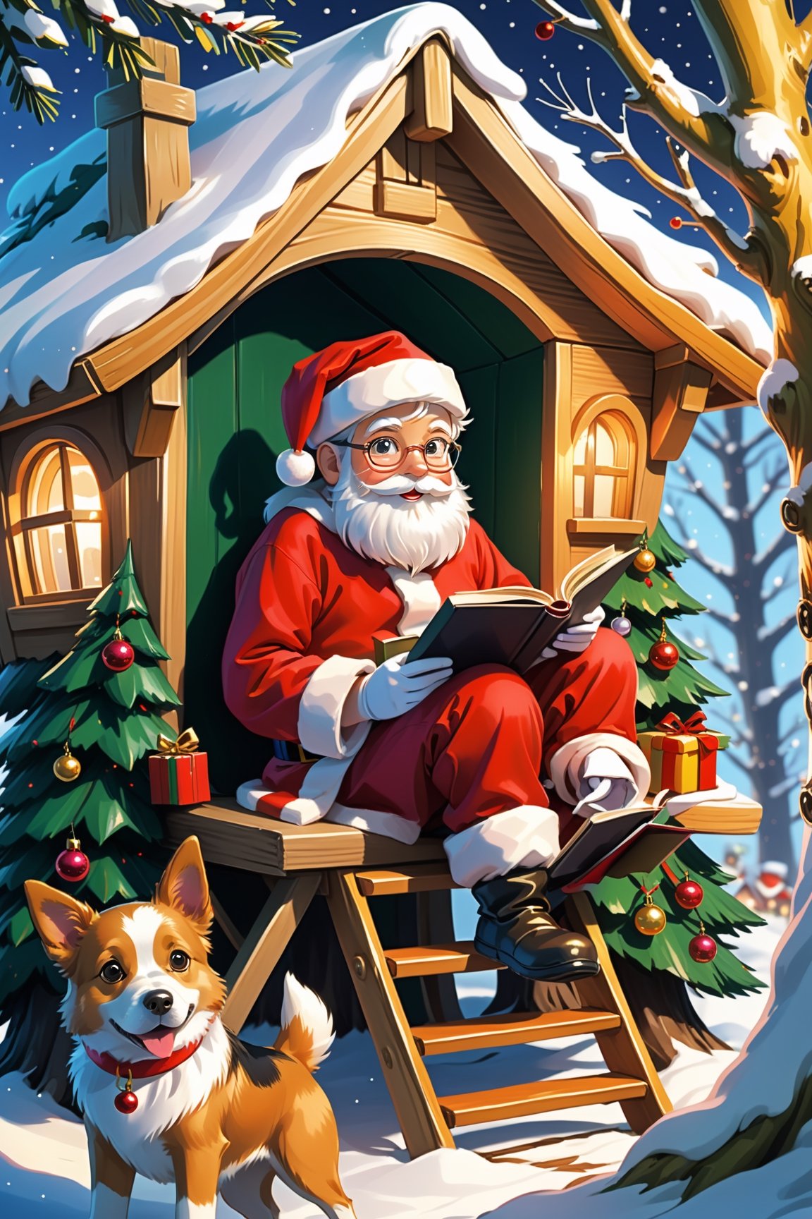 ((Anime)), Santa Claus reading a book in a tree house, dog in the far back, Christmas tree, more detail XL, SFW, solo, closeup shot,