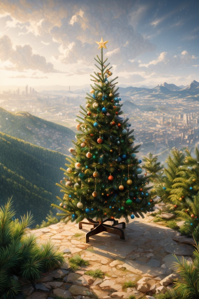 Christmas tree on the mountain, landscape,photorealistic, city visible from the top, extremely detailed