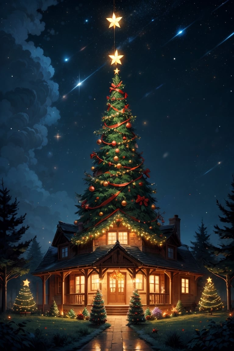 A beautiful Christmas tree in a forest, beautiful landscape in the background, night, stars in the sky, ultra detailed trees, flowers, wind blowing, atree house decorated with christmas lighting