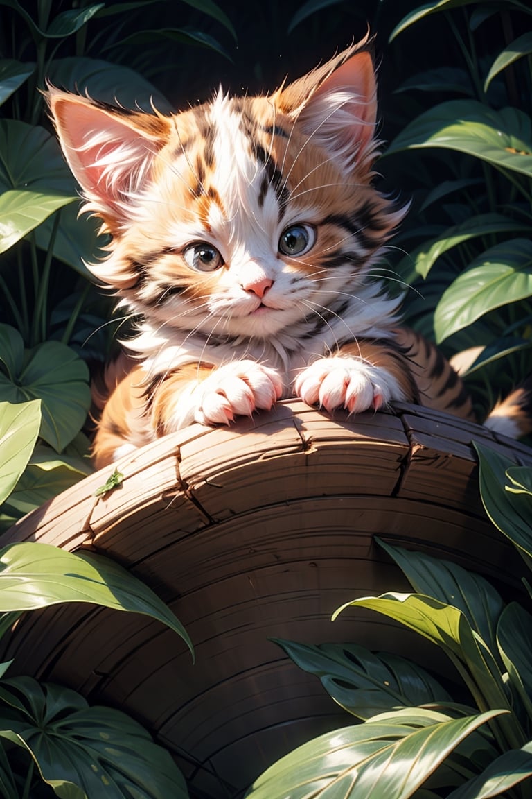 A little kitten, orange fur, sleeping on a pile of leaves, a large tree in background, ,midjourney,