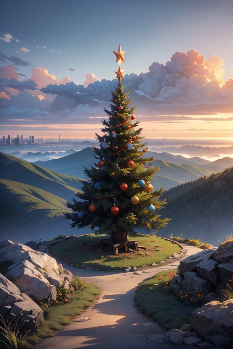 Christmas tree on the mountain, landscape,photorealistic, city visible from the top, extremely detailed,