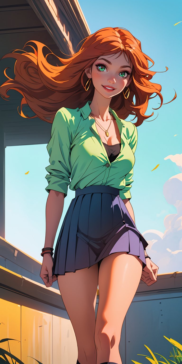 realistic, 1girl, long_hair , full lips, makeup, light smile,ginger hair, school_uniform, skirt,  glow, thighs,green eye, collarbone, narrow waist, sunbeam, sunlight, wind, cleavage, (masterpiece),necklace