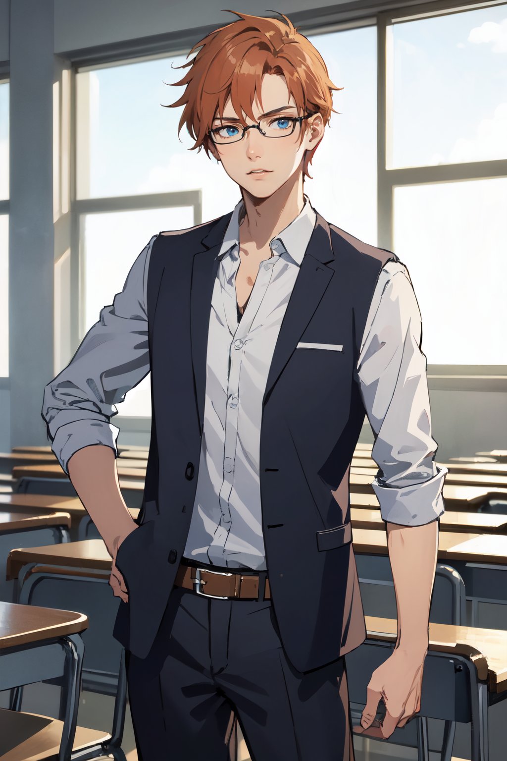 Masterpiece, Best Quality, (detailed:1.3) Ginger hair, blue eyes, glasses, lanky, in the class room, solo male 