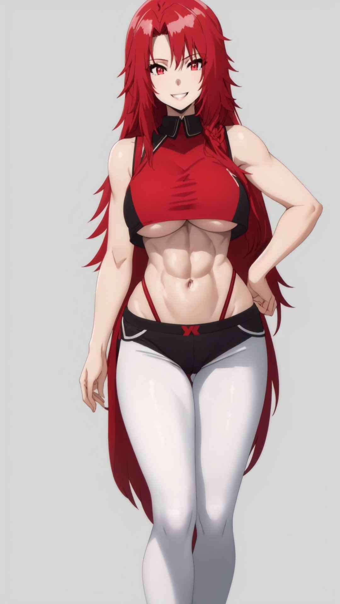 1girl, sole_female, sexy girl, tall girl, sexy girl, (simple background), red hair, long_hair, white_skin, red_eyes, (detalled eyes:1.3), big breasts, abs, black crop top, sleeveless crop top, white leggings, tight pants, camel toe, thong_panties, (underboobs:1.3), exposed breasts, perky tits, exposed navel, hip_lines, smile showing teeth, Sexy, seducing, seductive_pose, Iris