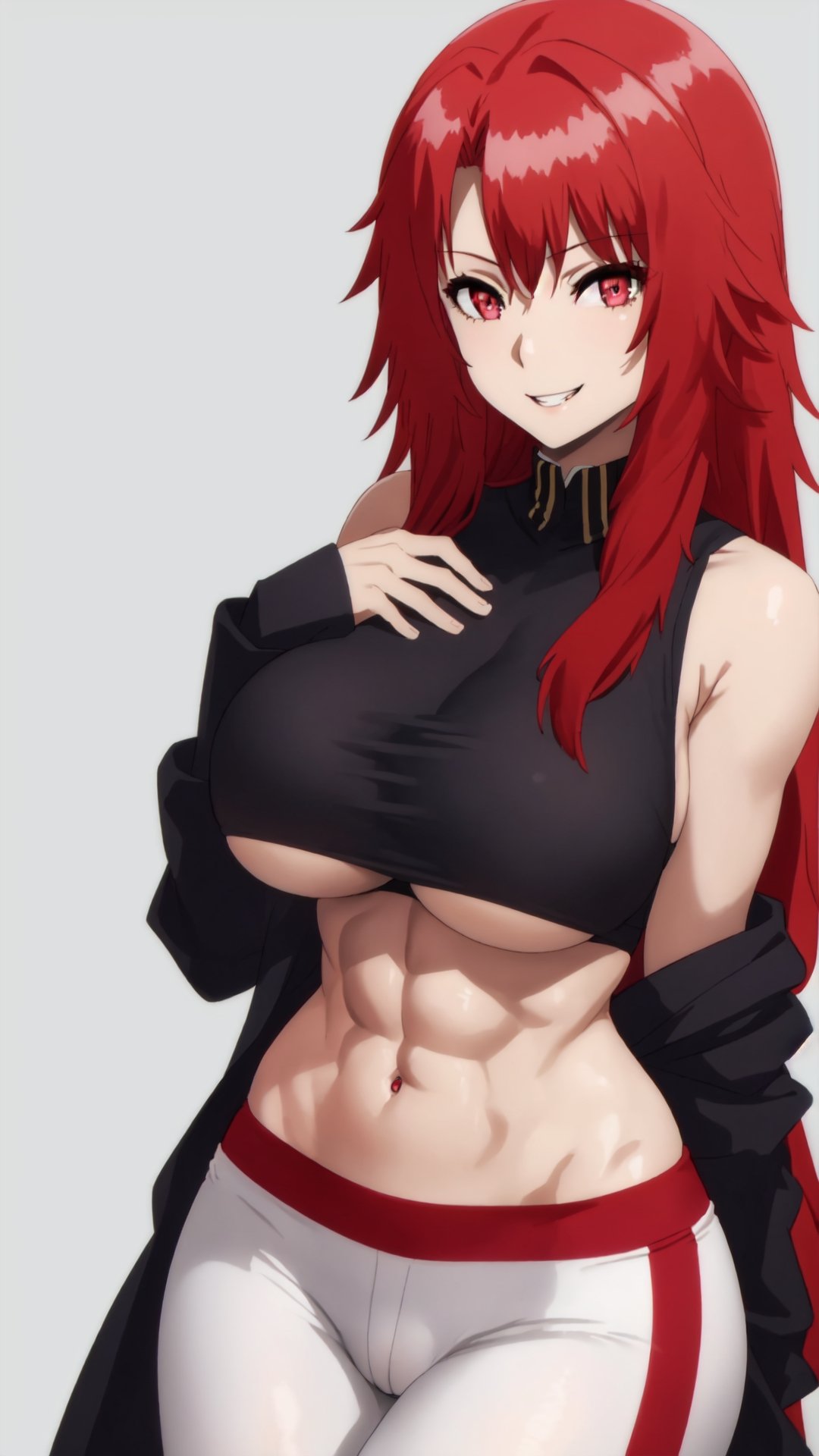 1girl, sole_female, sexy girl, tall girl, sexy girl, (simple background), red hair, long_hair, white_skin, red_eyes, (detalled eyes:1.3), big breasts, abs, black crop top, sleeveless crop top, white leggings, tight pants, camel toe, thong_panties, (underboobs:1.3), exposed breasts, perky tits, exposed navel, hip_lines, smile showing teeth, Sexy, seducing, seductive_pose, Iris