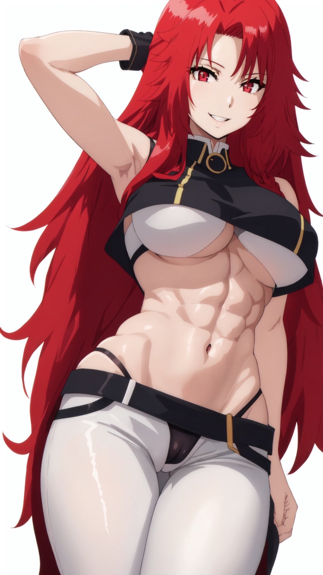 1girl, sole_female, sexy girl, tall girl, sexy girl, (simple background), red hair, long_hair, white_skin, red_eyes, (detalled eyes:1.3), big breasts, abs, black crop top, sleeveless crop top, white leggings, tight pants, camel toe, thong_panties, (underboobs:1.3), exposed breasts, perky tits, exposed navel, hip_lines, smile showing teeth, Sexy, seducing, seductive_pose, Iris