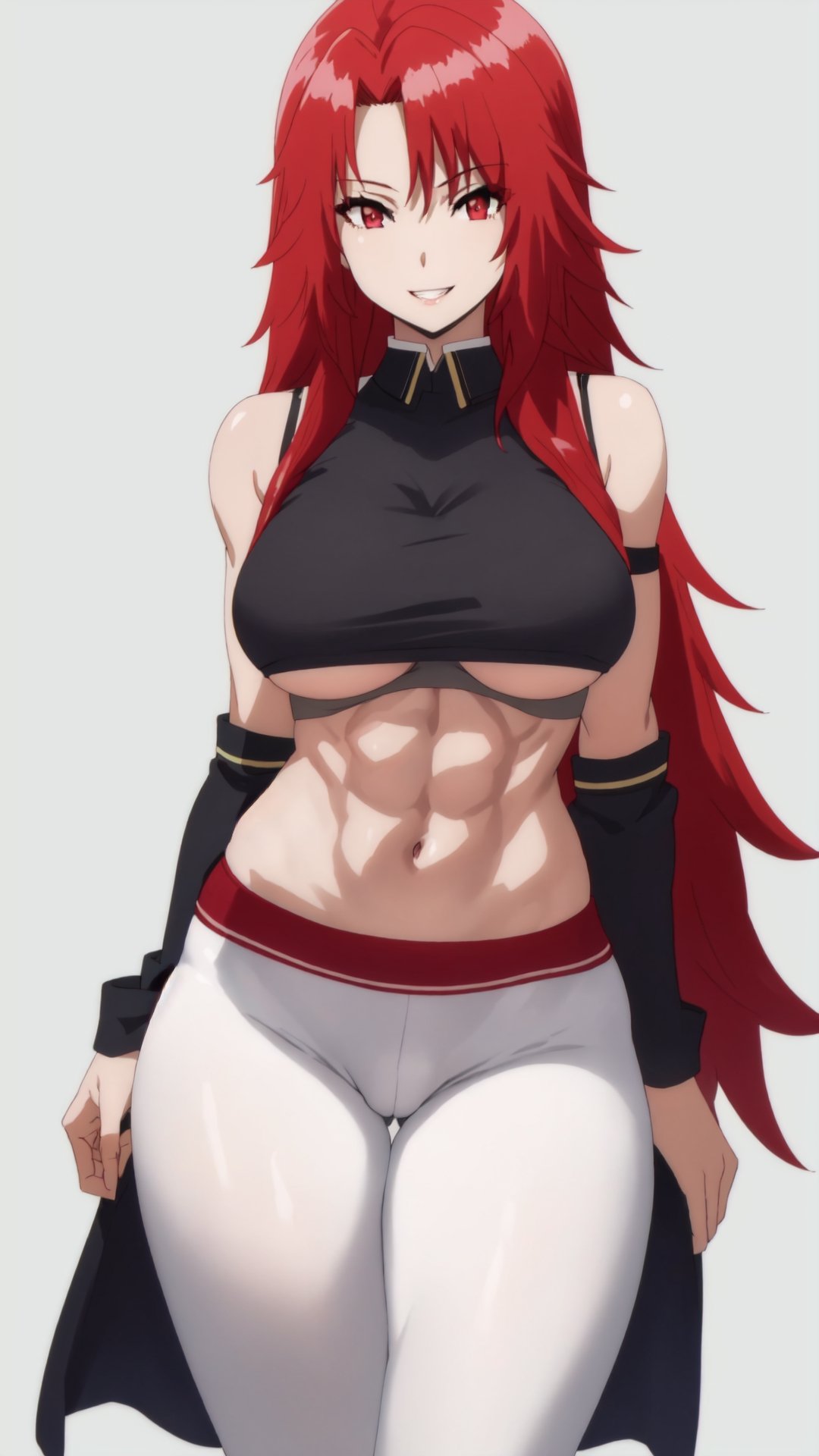 1girl, sole_female, sexy girl, tall girl, sexy girl, (simple background), red hair, long_hair, white_skin, red_eyes, (detalled eyes:1.3), big breasts, abs, black crop top, sleeveless crop top, white leggings, tight pants, camel toe, thong_panties, (underboobs:1.3), exposed breasts, perky tits, exposed navel, hip_lines, smile showing teeth, Sexy, seducing, seductive_pose, Iris