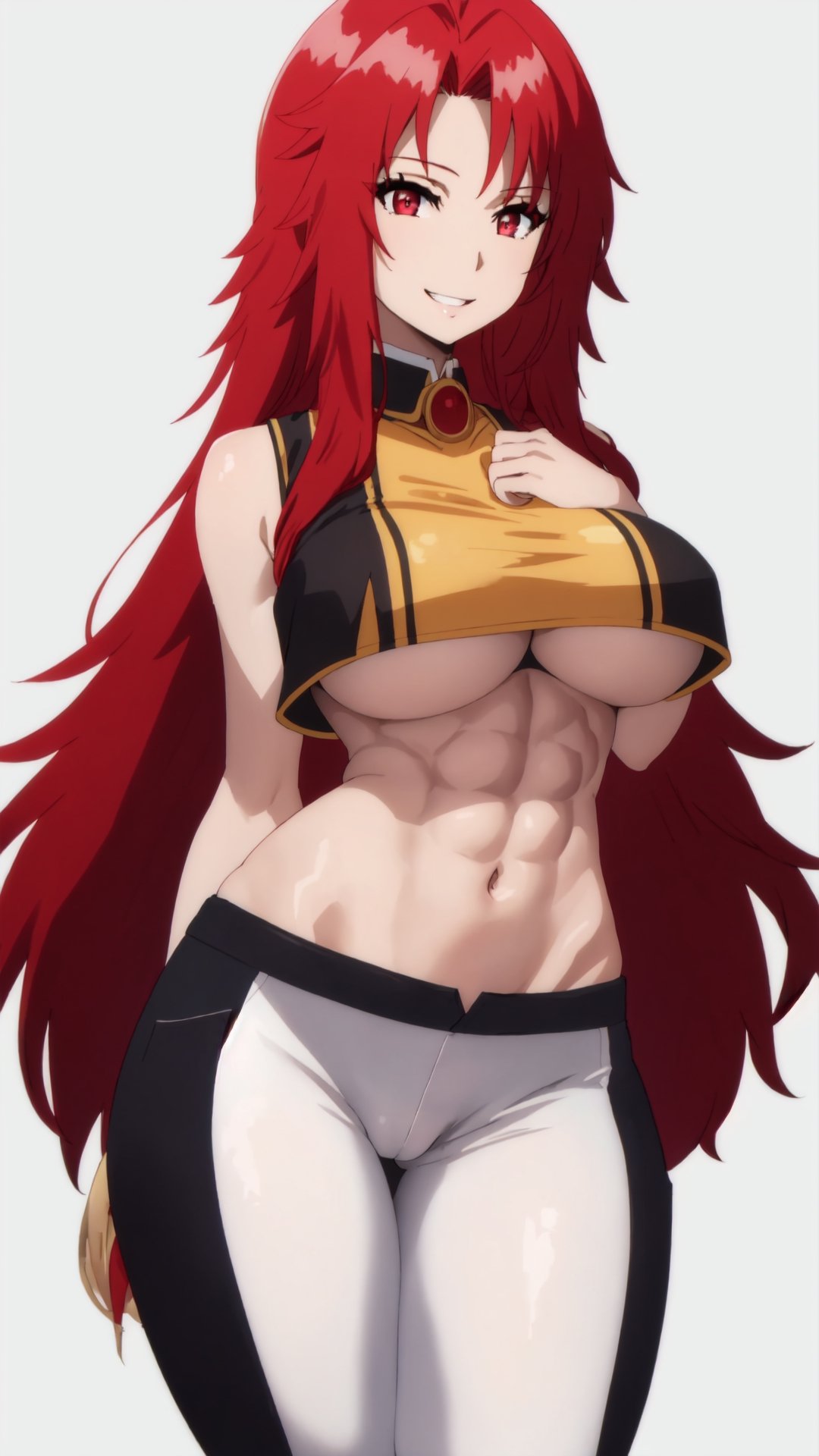 1girl, sole_female, sexy girl, tall girl, sexy girl, (simple background), red hair, long_hair, white_skin, red_eyes, (detalled eyes:1.3), big breasts, abs, black crop top, sleeveless crop top, white leggings, tight pants, camel toe, thong_panties, (underboobs:1.3), exposed breasts, perky tits, exposed navel, hip_lines, smile showing teeth, Sexy, seducing, seductive_pose, Iris