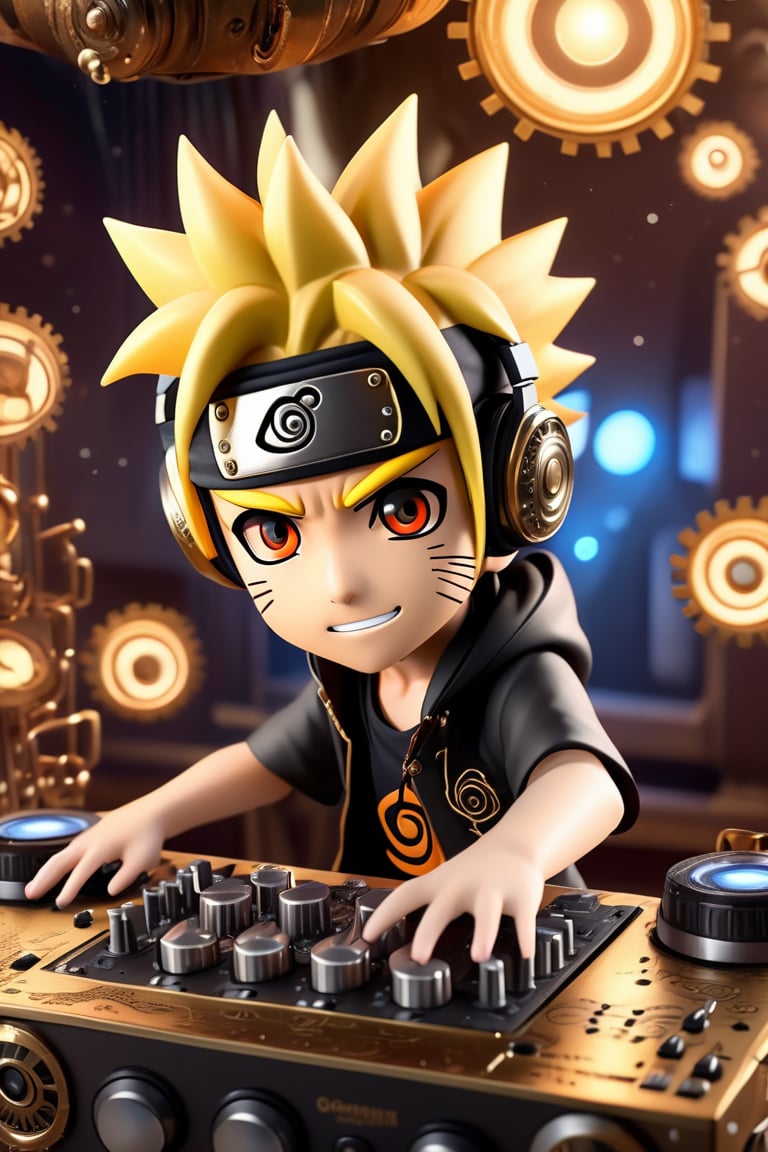 Best quality, high-res photo, steampunk style Naruto Uzumaki DJ the night club, high-detailed, plays DJ instrument so passionly, steampunk style, chibi, DJ instrument, gears panels,  DJ headphone , crowd background, sparks, sparkling, 3d style,chibi