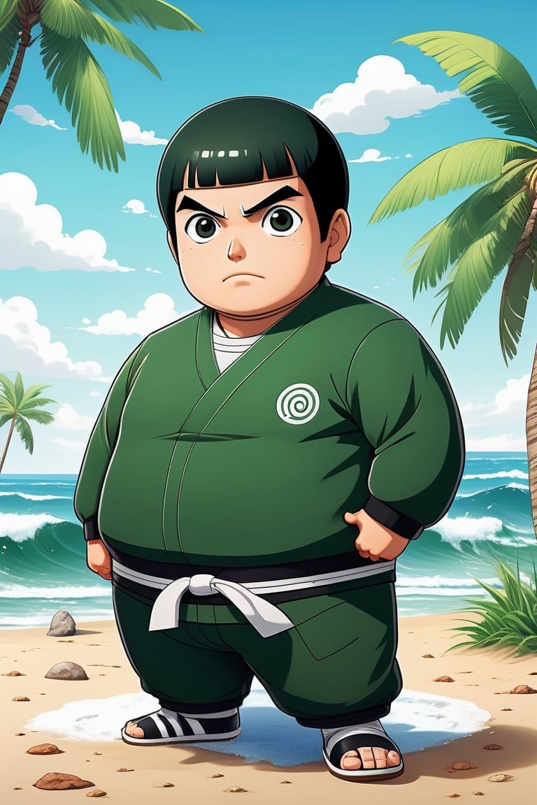 a highly detailed beautiful portrait of Rock Lee became very fat, while at the beach, designed in Studio Gibhli style, full_body