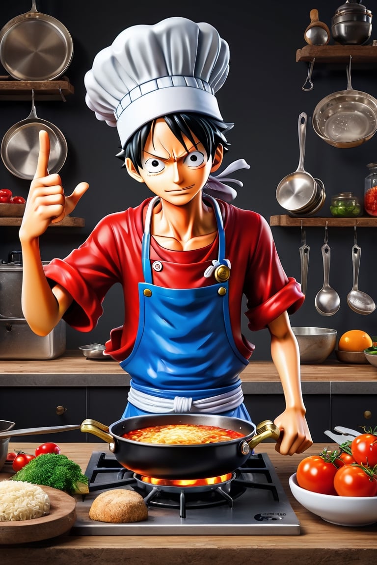a highly detailed beautiful portrait of Luffy from One Piece that looks like a Chef, is cooking in the kitchen, designed in Studio Gibhli style, full_body, full_body