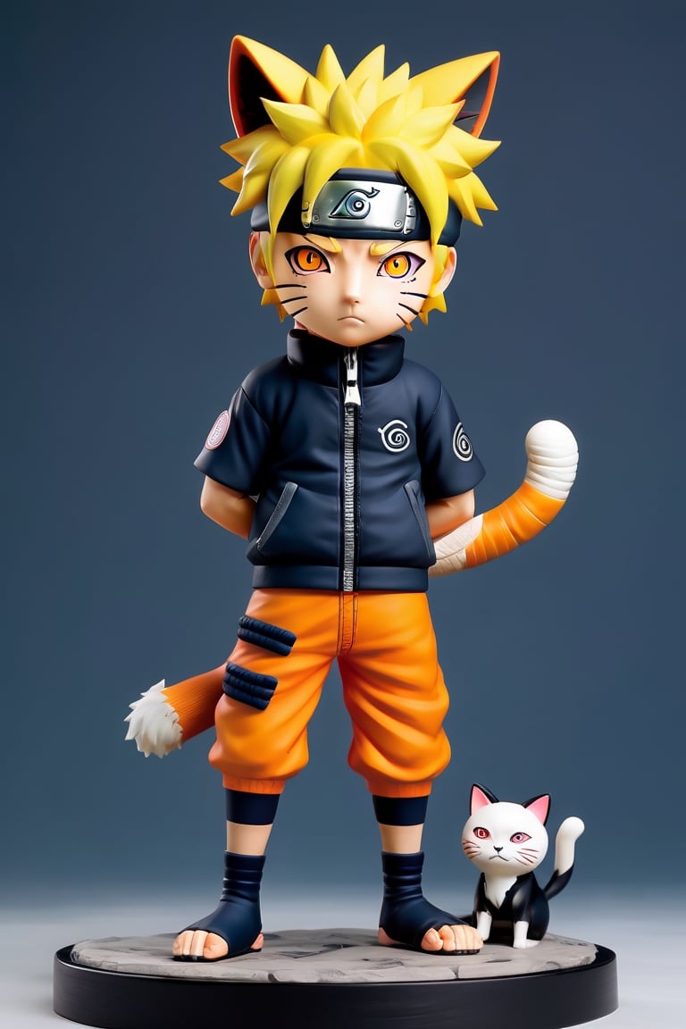 a highly detailed beautiful portrait of Naruto Uzumaki that looks like a cat, body shape like a cat and hairy, designed in Studio Gibhli style, full_body