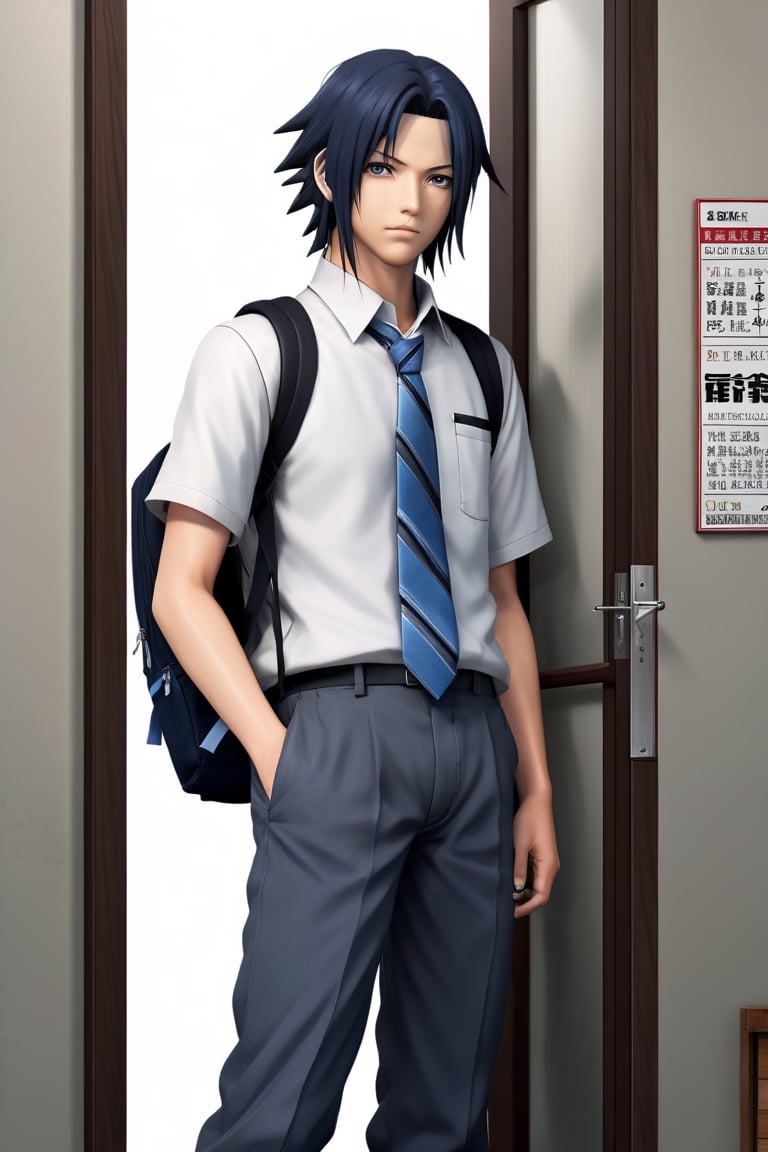 a highly detailed beautiful portrait of Sasuke Uchiha that looks like a Indonesian high school students, wearing a white short-sleeved shirt and gray blue formal trousers and wearing a plain gray tie, wearing black shoes, wearing a black backpack, leaning on the doorway of a street, designed in Studio Gibhli style