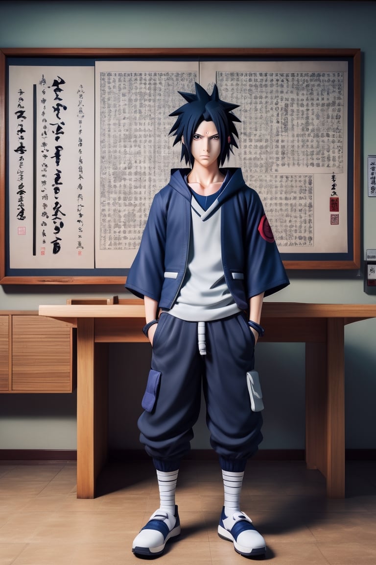 a highly detailed beautiful portrait of Sasuke Uchiha that looks like a high school student Japan, in a school room, designed in Studio Gibhli style, full_body