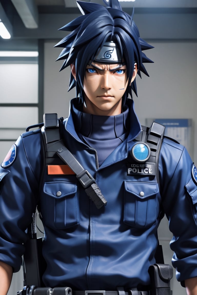 a highly detailed beautiful portrait of Sasuke Uchiha that looks like a policeman in a police uniform, was in the police station, designed in Studio Gibhli style, blue_eyes, full_body,mecha