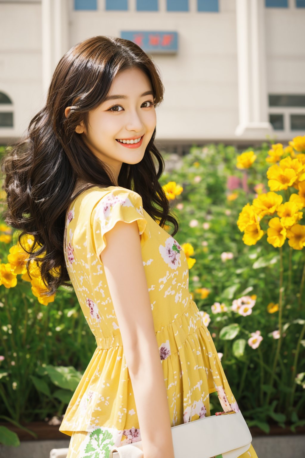 a beauty girl with short_curly 
year <20 years old>
brown_hair
curly_hair
small_body
smiling to viewer
dressed in a yellow dress with flower print,Pixel art
brown_eyes
scenary