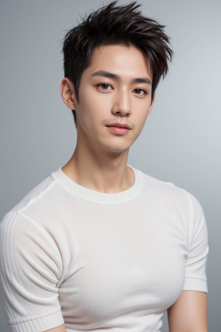 A serene 32-year-old Japanese man sits calmly in front of a subtle gradient background,Pixie cut ,Handsome, thick eyebrows and big eyes,  his kind eyes gazing directly into the camera. Soft, natural light illuminates his delicate features, accentuating the innocence and purity on his face. A short-sleeved White top hugs his slender physique, drawing attention to his youthful charm. The composition is tight and intimate, with the subject's gentle expression taking center stage. A high-resolution lens captures the intricate texture of the sweater, while a soft focus effect maintains a minimalist aesthetic free from distractions.