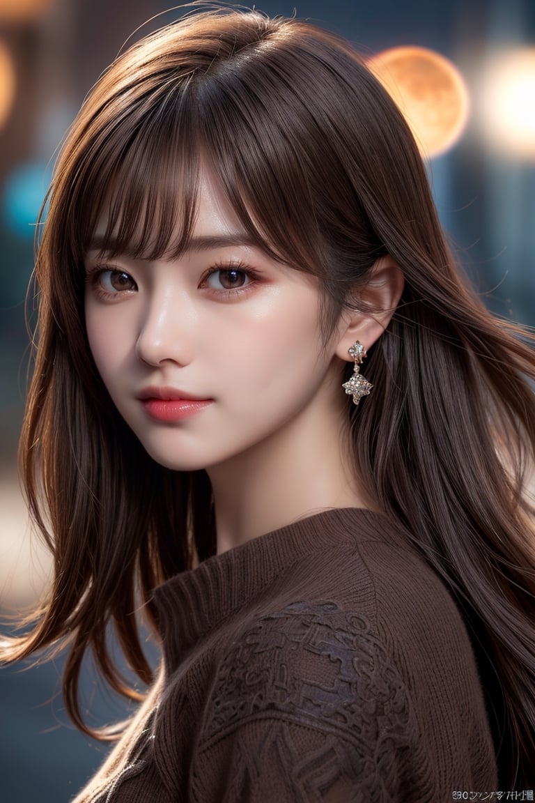 masterpiece, high quality, realistic aesthetic photo ,(HDR:1.4), pore and detailed, intricate detailed, graceful and beautiful textures, RAW photo, 16K, (bokeh:1.3), natural moon light, back lighting, Subsurface scattering, warm tone, (front from face shot),
25yo-japanese-1girl, beautiful face, (light-smile:1.1),  beautiful black straight long hair, dull bangs, (hair blowing in the wind:1.2), (detailed beautiful dark-brown eyes:1.3), smooth skin, juicy lips, eye_shadow, small earing, dark-red sweater, (glare at camera:1.2),          
high detailed, ultra detailed, 9x16 aspect ratio, 
high resolution, world-class official images, impressive visual, perfect composition,1 girl,Realism