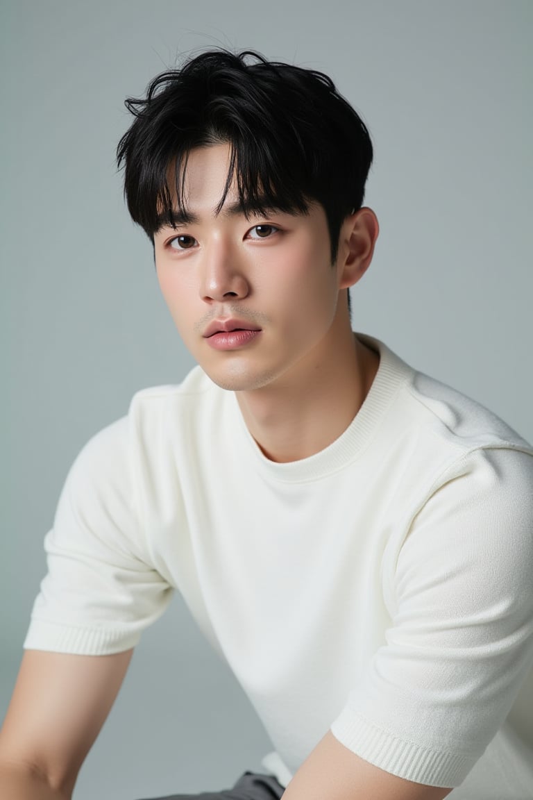 A serene 32-year-old Japanese man sits calmly in front of a subtle gradient background,Pixie cut ,Handsome, thick eyebrows and big eyes,  his kind eyes gazing directly into the camera. Soft, natural light illuminates his delicate features, accentuating the innocence and purity on his face. A short-sleeved White top hugs his slender physique, drawing attention to his youthful charm. The composition is tight and intimate, with the subject's gentle expression taking center stage. A high-resolution lens captures the intricate texture of the sweater, while a soft focus effect maintains a minimalist aesthetic free from distractions.