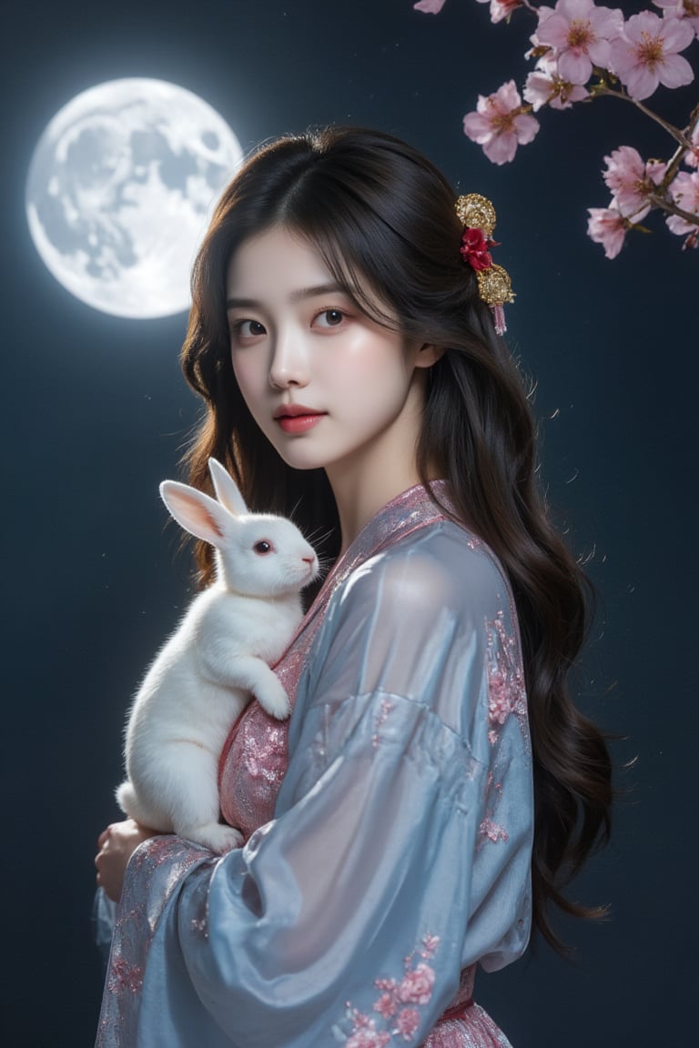 (ultra realistic,32k, masterpiece:1.2),(high detailed skin:1.1),( high quality:1.1), (masterpiece, best quality), This is a highly detailed digital artwork depicting a serene night scene featuring a young Asian woman with fair skin, long black hair adorned with elaborate gold and red hairpins, and a traditional hairstyle. She is dressed in a flowing, light blue traditional vietnames robe with intricate pink floral embroidery. The robe is semi-transparent, revealing a red undergarment beneath. She is holding a soft, white rabbit with large, expressive ears, which she cradles gently in her arms.The background is a dark, starry night sky with a full moon, its luminous glow casting a soft, ethereal light on the scene. To the right of the woman, there are cherry blossom branches with delicate pink flowers, adding a touch of natural beauty. The overall composition is rich with textures, from the smoothness of the moon to the softness of the rabbit's fur, and the delicate, flowing fabric of the woman's robe.The image exudes a sense of tranquility and connection with nature, blending elements of traditional Chinese culture with a fantastical, dreamlike quality. The attention to detail in the hair, clothing, and background elements creates a vivid and immersive experience for the viewer, bichngoc ((dystopic )) ((lleg open)) ((standing)) ((combat ready)) ((rainy playground)) ((sittting)) (( serafuku)) ,jisosmile,ct-identity