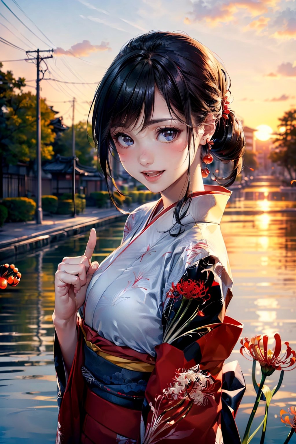 (1red kimono girl:1.3, solo), (kimono model), (cowboy shot:1.3), (She walks along the dimly lit path of the riverbank.:1.2), (random posing:1.3), (Against a backdrop filled with a vast expanse of pale red spider lilies, girl stands wearing a kimono patterned with the same flowers:1.5), 
BREAK, 
1girl, solo, milf, hot model, (attractive model:1.37), (promotional model:1.2), highly detailed eyes and pupils, realistic skin, ((attractive body, medium breast:1.38, thin waist:1.15)), medium-length thin hair, ((bobbule pony tail hair:1.3), (shiny-black hair:1.3), extremely detailed hair, delicate sexy face, sensual gaze, shiny lips, 
BREAK, 
(red kimono:1.3), (japanese clothes:1.3), detailed clothes, 
BREAK, 
(outdoor:1.2), (Red spider lily:1.4), (blurry background:1.25, simple background, no-human background, detailed background), (under sunset:1.37), 
BREAK, 
((realistic, super realistic, realism, realistic detail)), perfect anatomy, perfect proportion, hyper sharp image, (attractive emotion, seductive smile:1.2, happy:1.2, blush:1.2, :d:1.2, :p:1.2), ((4fingers and thumb:1.2)), perfect human hands, wind, 
BREAK,
 (Masterpiece, best quality, photorealistic, highres, photography, :1.3), ultra-detailed, sharp focus, professional photo, commercial photo,