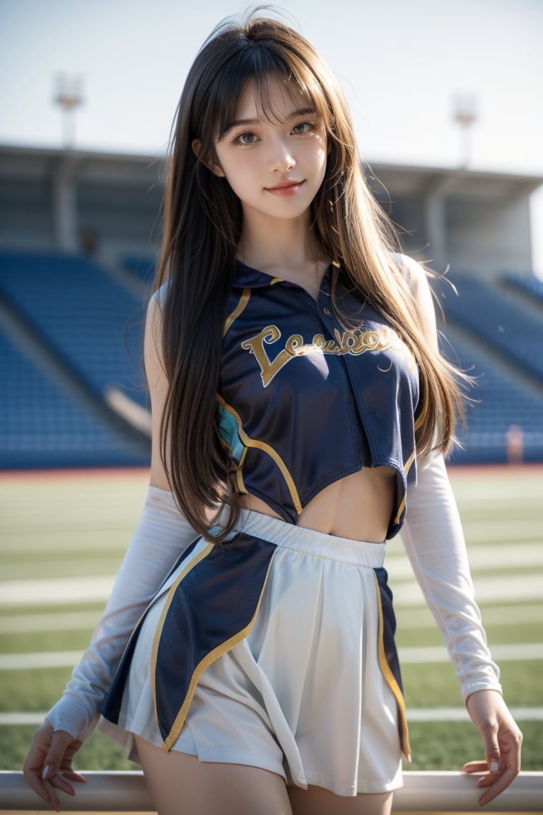 background track and field stadium,18 yo,beautiful girl,cheerleader,very long pony tail,bangs,curly hair,goldena hair,uniform number,standing at track,Best Quality, 32k, photorealistic, ultra-detailed, finely detailed, high resolution, perfect dynamic composition, beautiful detailed eyes, sharp-focus, cowboy shot, cheergirl, super tight cheerleader uniform, sexy pose, seduce smile